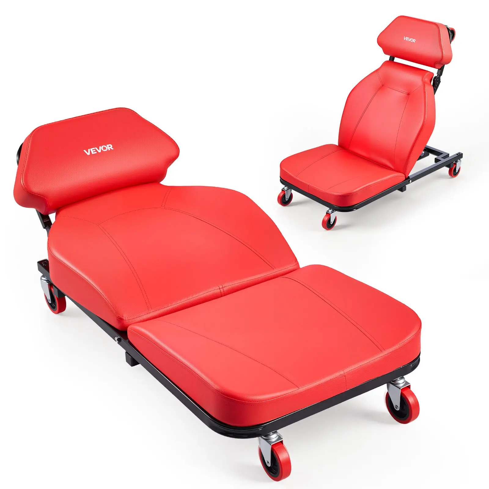 【DealsForYouDays】VEVOR 48.4in 2-in-1 PU Leather Mechanic Creeper Rolling Chair, Auto Repair Tools with Adjustable Back, Padded Seat & Headrest, 570lb Capacity, 6 Swivel Casters for Garage/Chassis Work