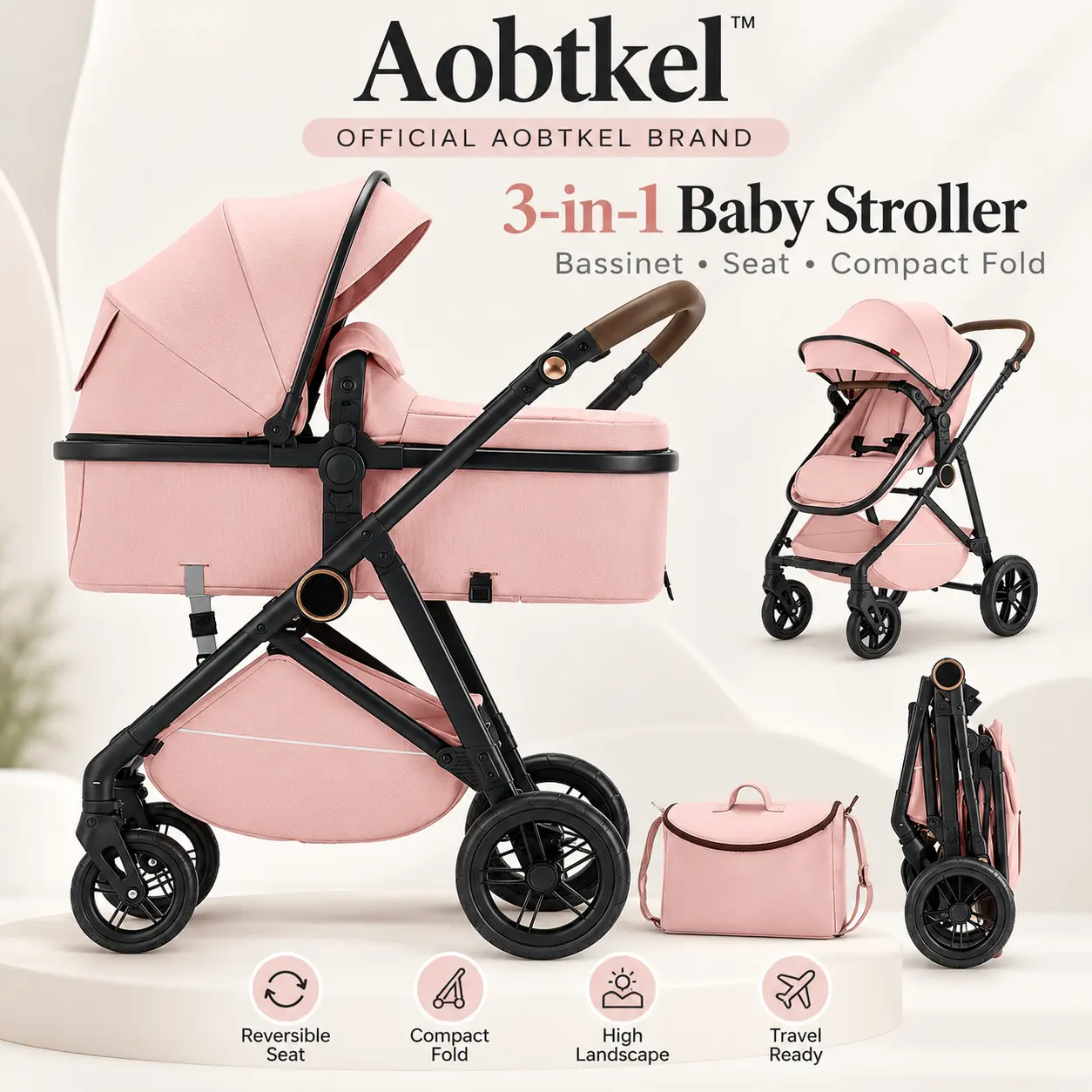 Aobtkel pink 2-in-1 Baby Stroller with Bassinet, Reversible Seat, Foldable High Landscape Pram, Reclining Pushchair, Adjustable Canopy, Storage Basket, Portable Newborn Stroller for Daily Walks, Outdoor Use & Family Travel Gear