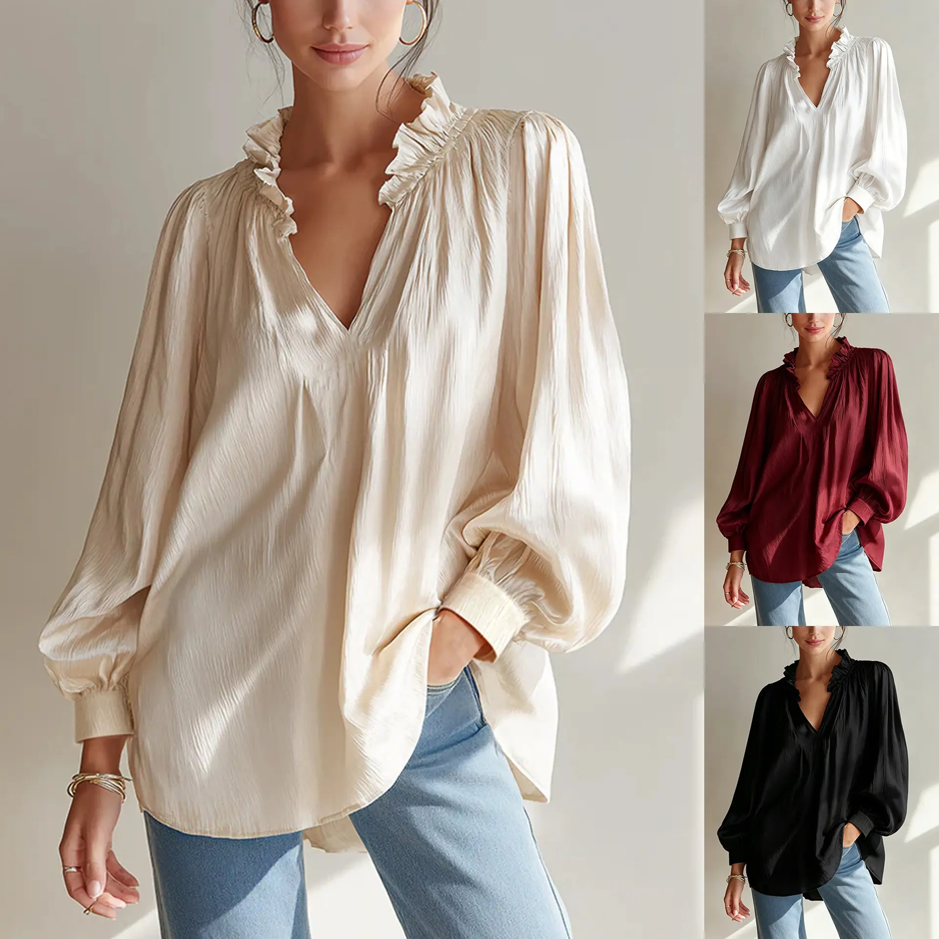Women's Ruffled V-Neck Blouse, Elegant Solid Puff Longsleeves Tunic Top, Casual Loose-Fit Polyester Clothes for Work, Machine Wash, Polyester Fiber, Ruffles Detail, Female, Casual Wear