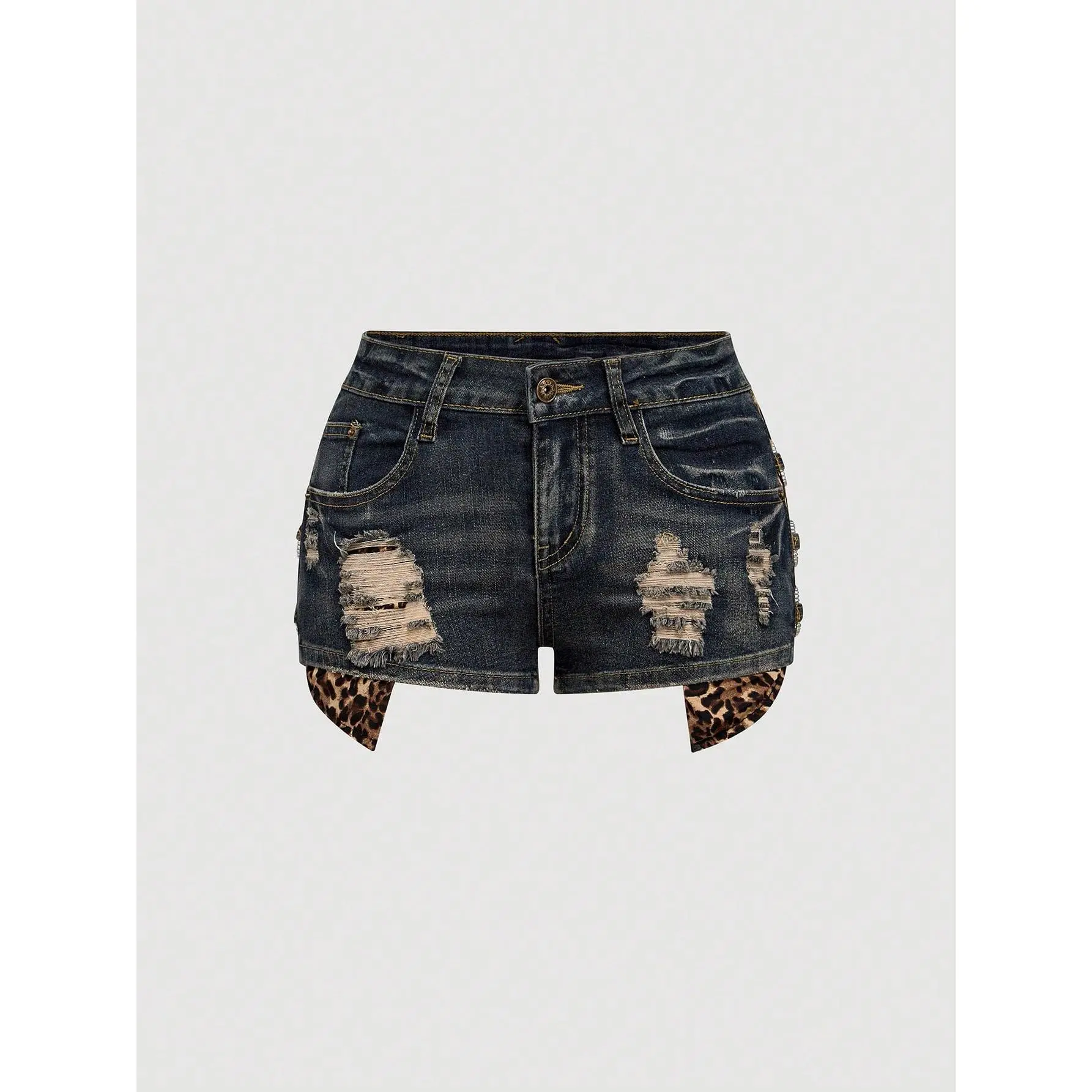 Spring/Summer Y2K Gyaru Super Low Waist Leopard Print Vintage Skinny Ultra-Low Rise Women Kpop Denim Shorts