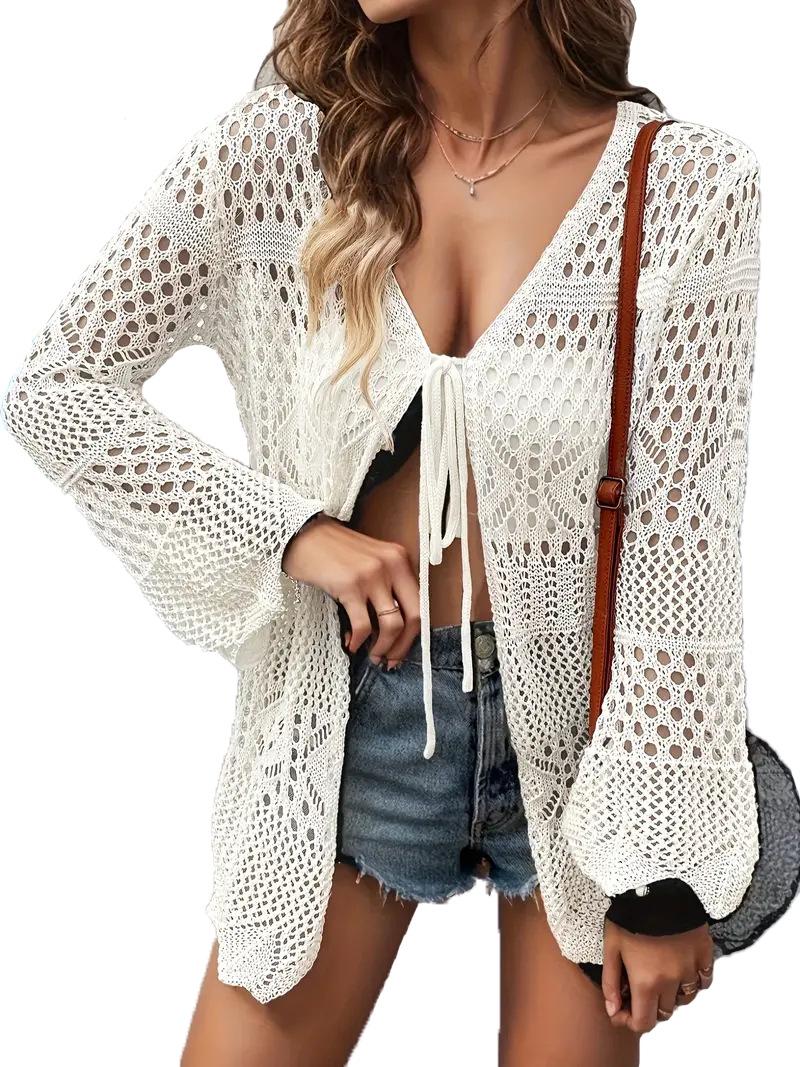 Women's Solid Color Hollow Out Tie Front Crochet Cardigan, Casual Long Sleeve Knitwear for Summer, Fashion Women's Knit Clothing for Daily Wear, Knitting, Summer Cardigan Women, Beach Cover Up, Lightweight Knit Top, Boho Crochet Sweater, Vacation Outfit