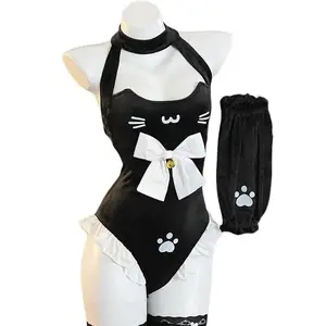 Anime Cat Girl Maid Uniform Cute Cat's Paw Bow Bodysuit Outfits Cosplay Costumes Bell Kitty Role Play Underwear Nightwear
