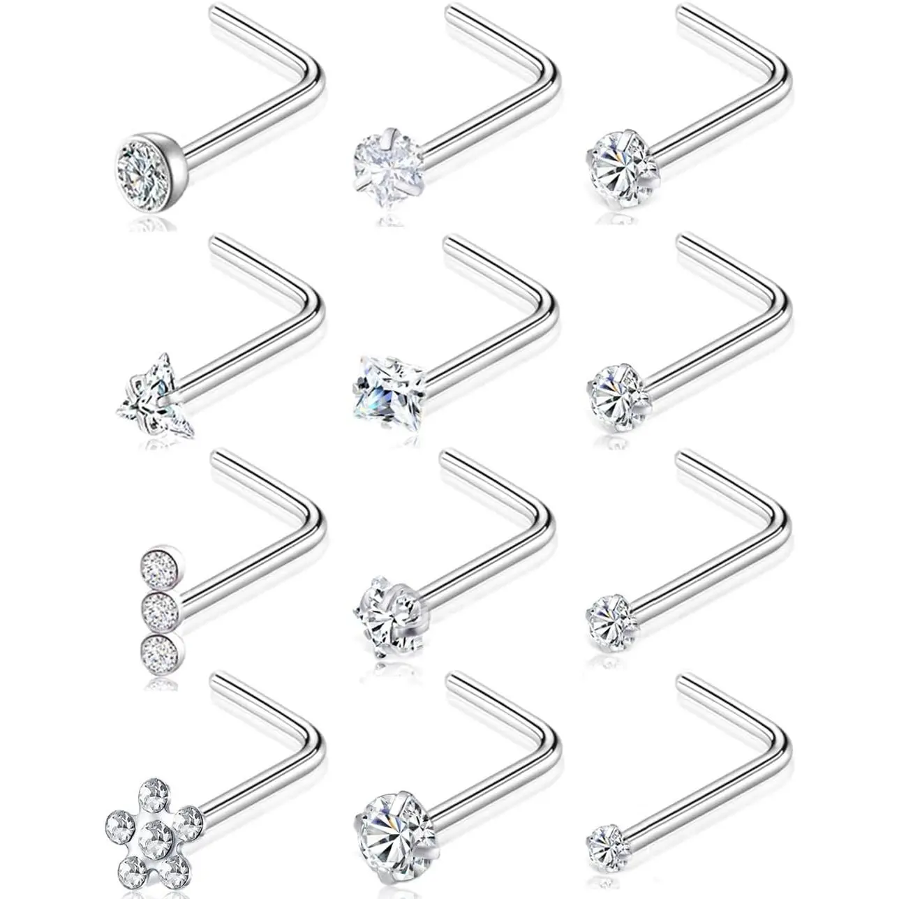 12 count Nose Rings Studs 20G Stainless Steel L Screw  Shaped Nostril  Triangle Flower Square Heart Pentagram Round CZ Nose Stud   for Women Men  Tone