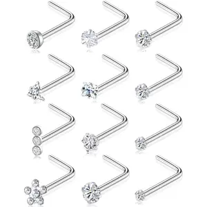 12 count Nose Rings Studs 20G Stainless Steel L Screw  Shaped Nostril  Triangle Flower Square Heart Pentagram Round CZ Nose Stud   for Women Men  Tone
