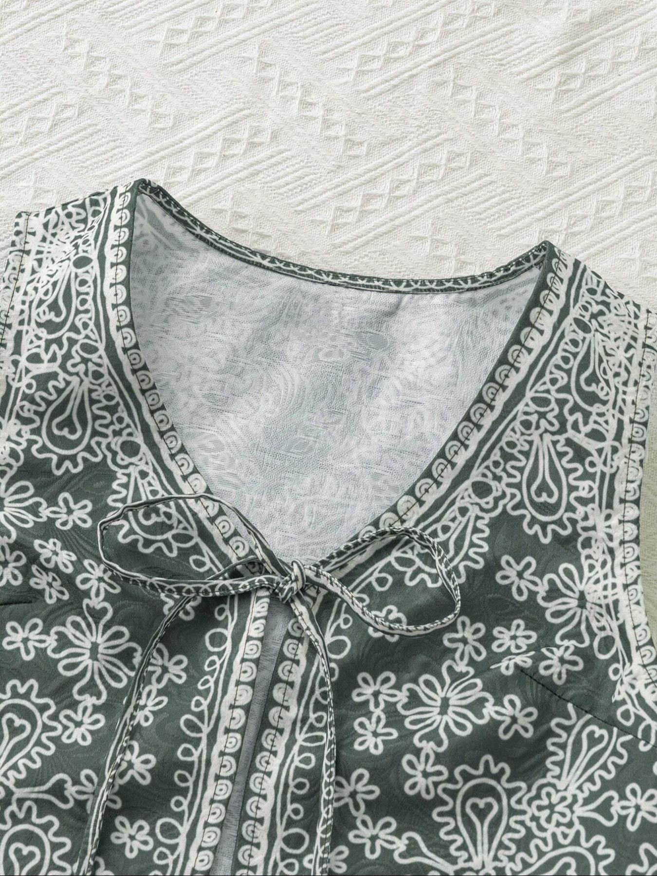 Women's Floral Ethnic Pattern Tie Front V Neck Vest Jacket without Necklace, Boho Sleeveless Outerwear for Summer, Ladies Clothes for Beach Vacation Holiday, Womenswear