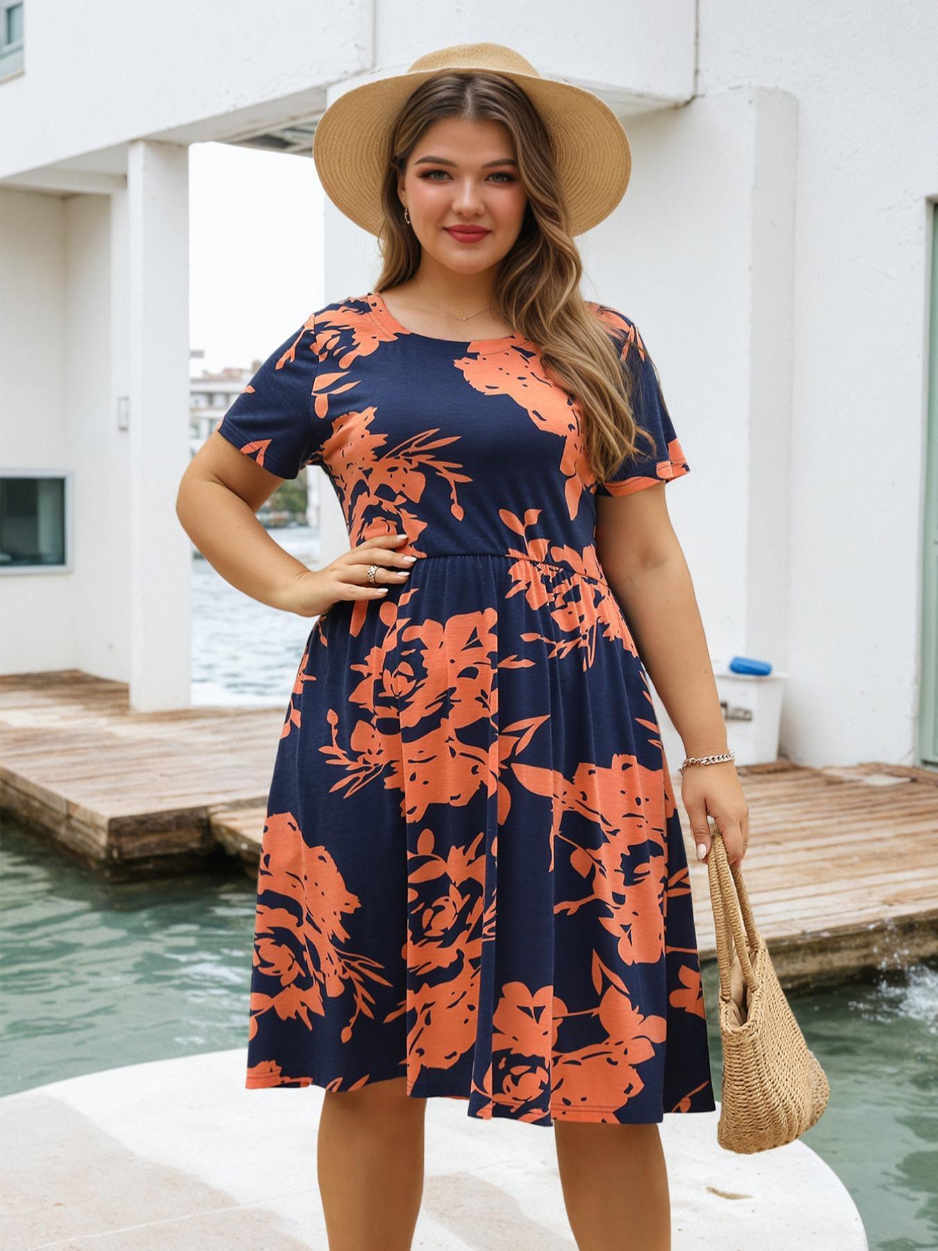 【Plus Size】Plain Pocket Round Neck Tee Dress, Summer Clothes Women, Women's Casual Short Sleeve A Line Dress for Summer, Lady Plus Size Clothing for Daily Wear, Summer Dresses, Casual Fit Dress