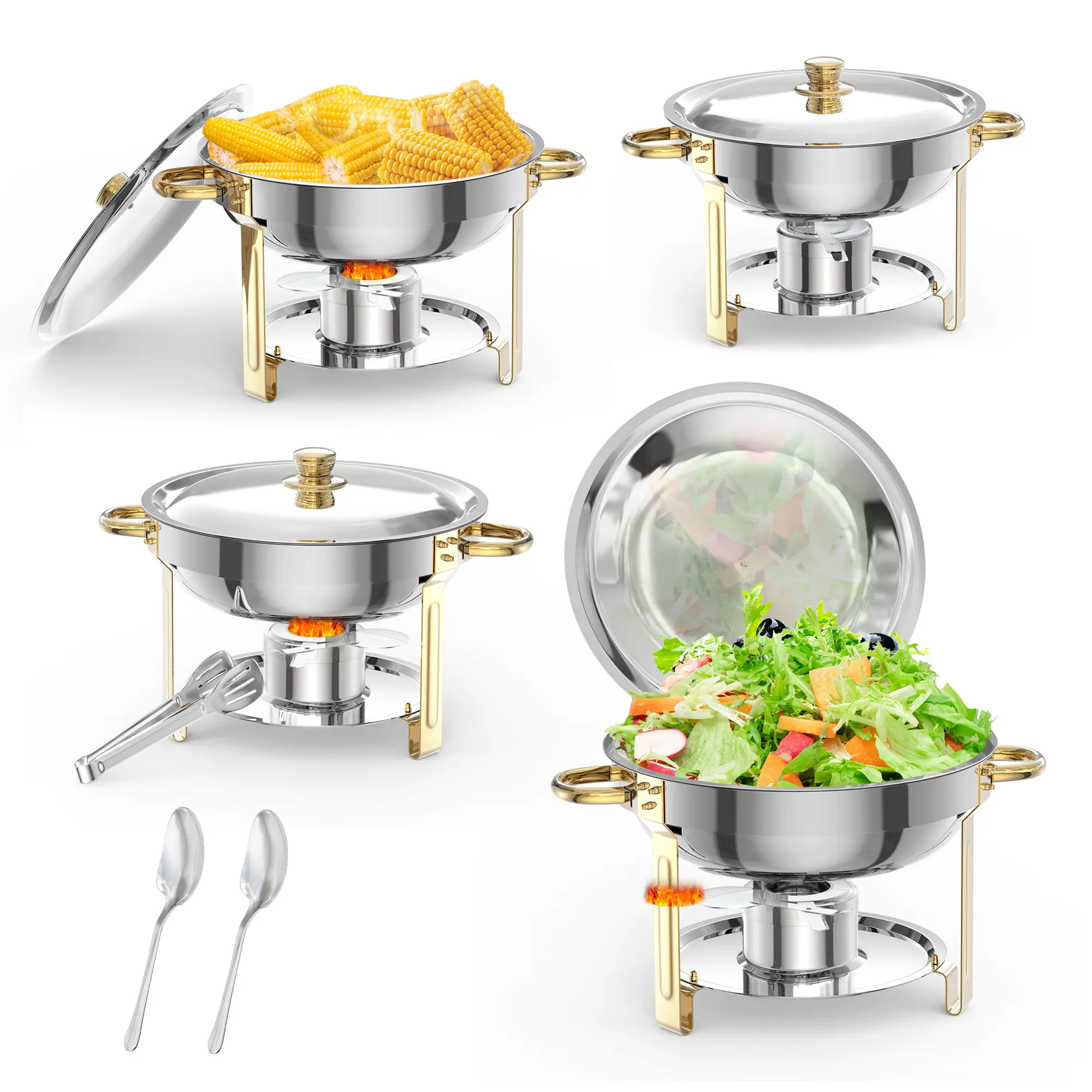 5QT 2-Pack Gold Chafing Dish Buffet Set. NSF-Certified Round Stainless Steel. Includes Lid, Lid Holder, Spoon & Tweezer. Ideal for Catering Events, Parties & Weddings. Blending Functionality with Eleg