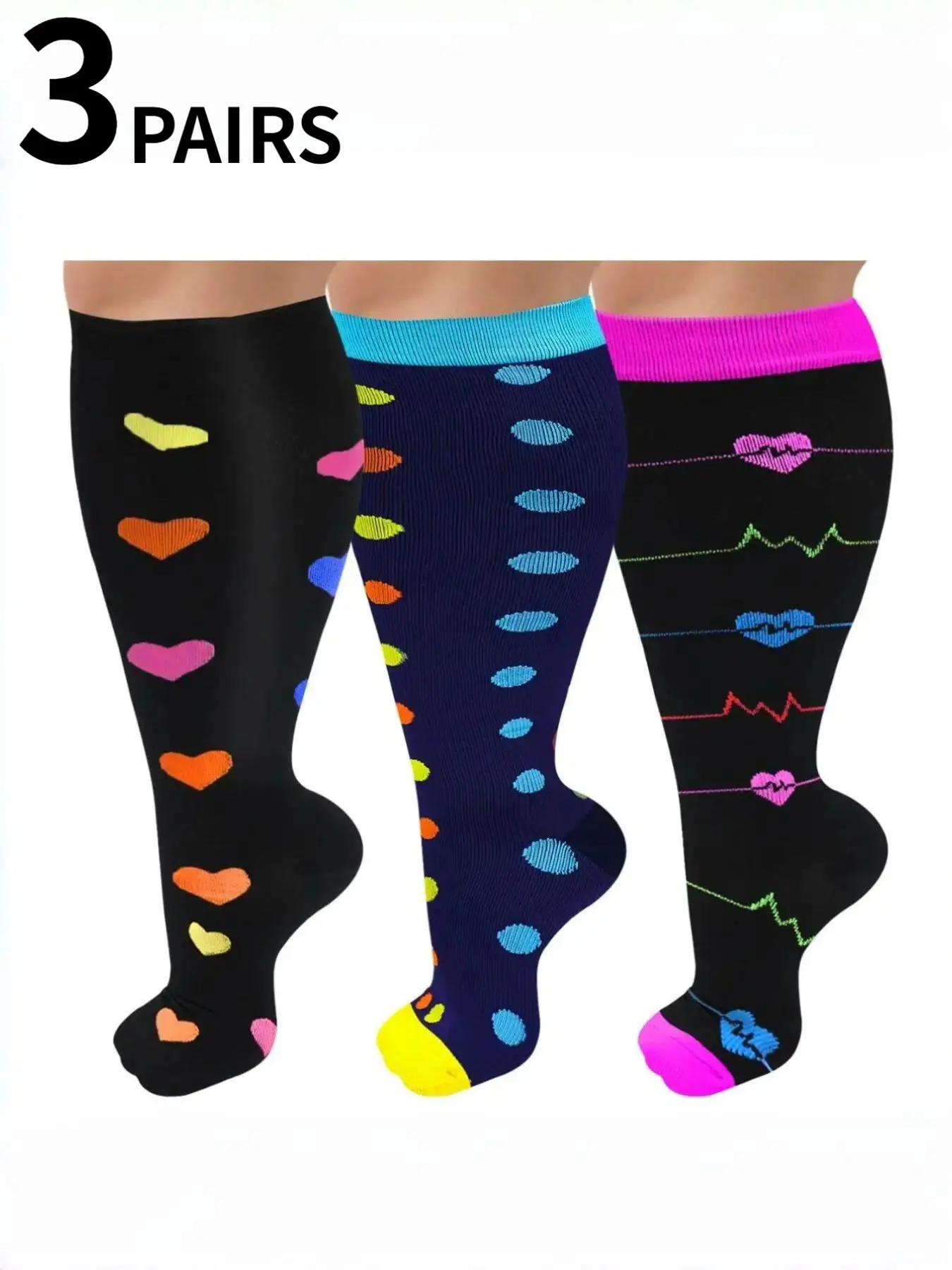 3-Pack of Plus-Size Colorful Patterned Compression Knee-High Socks: Heart-Shaped Polka Dots and ECG Prints. Knee-High Compression Socks to Relieve Fatigue—A Must-Have for Nurses, Sports, and Travel. Compression Knee-High Socks