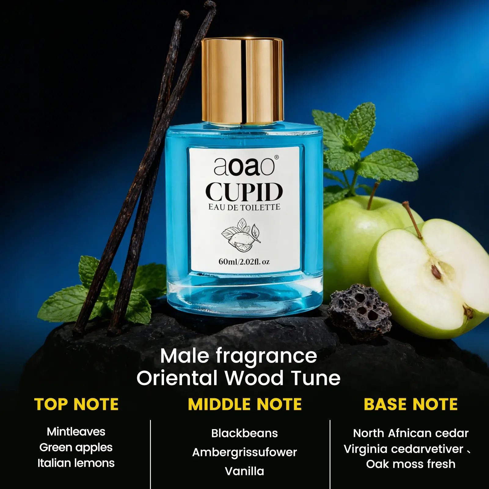CUPID Eau de Toilette for Men, 60ml/2.02fl. oz, Oriental Wood Tune Male Fragrance with Mint Leaves, Green Apple, Vanilla & Cedar Wood, Fresh Long Lasting Cologne, Aromatic Woody Fragrance
