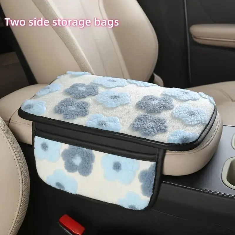 Floral Plush Car Armrest Pad - Cute Fleece Center Console Cover with Adjustable Strap, Padded Support, Scratch Shield, Side Pockets, Universal Fit Warm Winter Car Interior Decor Accessory