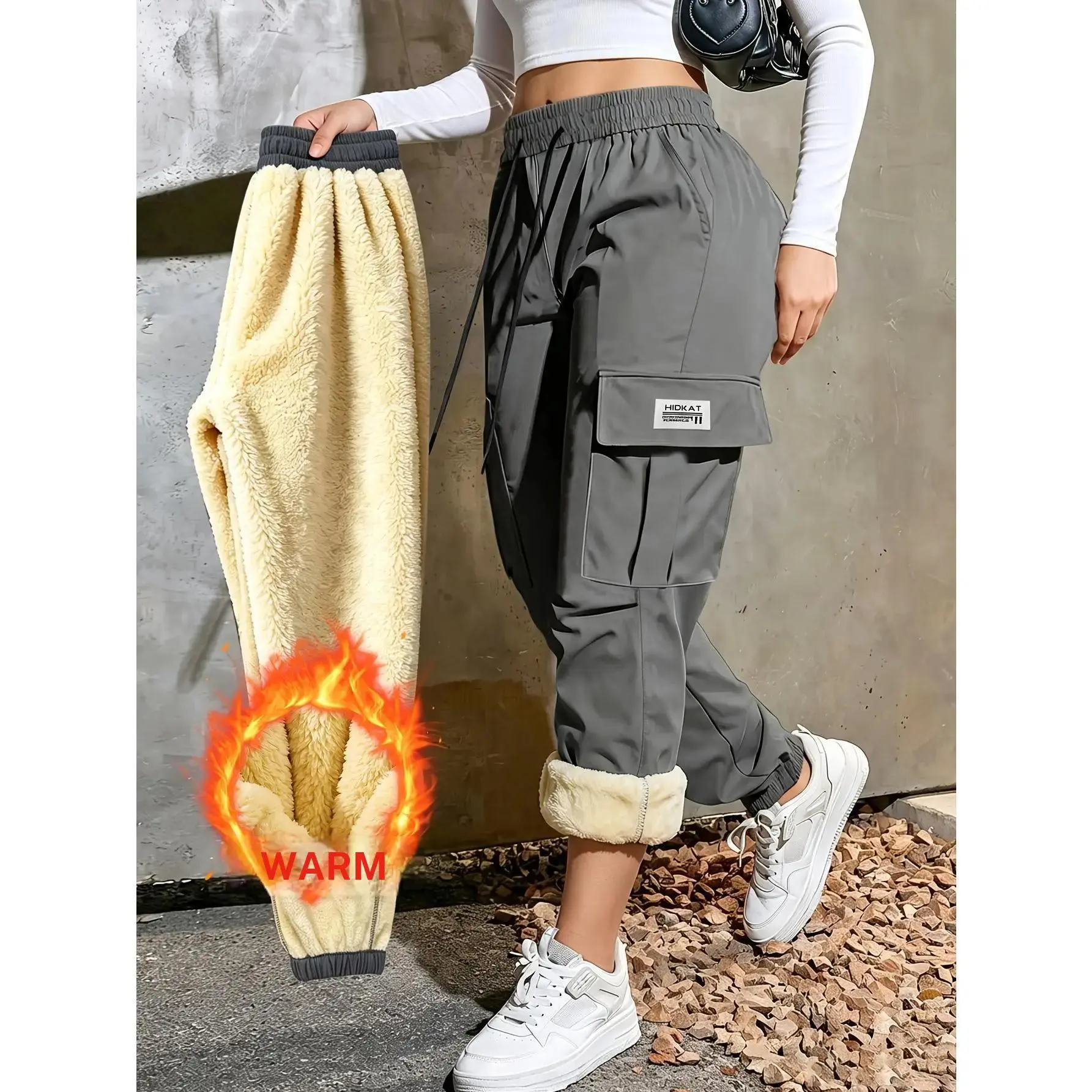 Women's High-Waisted Flanged Cuff Fleece Joggers - Women's Clothing, Autumn Winter Thick Warm Pants with Elastic Drawstring, Loose Full-Length, Large Flip-Cover Pockets, Machine-Washable for Streetwear & Outdoor Use, Fleece Fabric Women's Sports Joggers