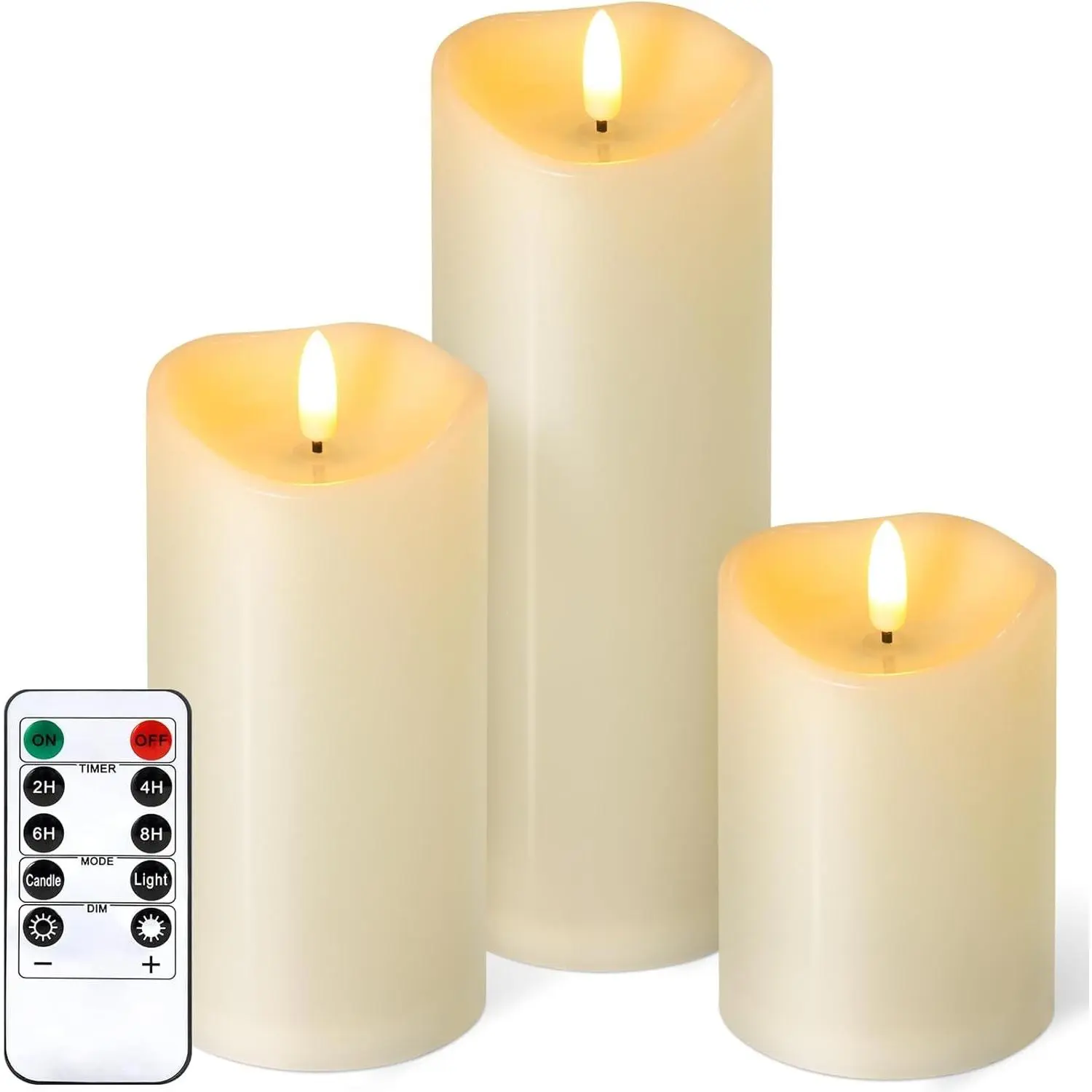 Realistic Pillar Shape Flameless LED Candles - Outdoor Waterproof, Remote Timer, Multi-Size Battery-Operated Ivory 3-Pack (D3”H4”6”8”) for Home Patio Decor