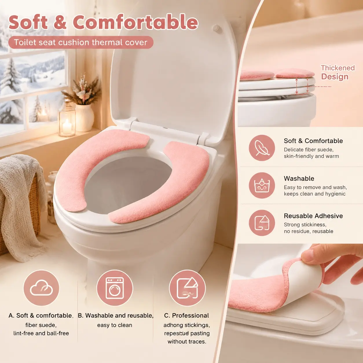 Waterproof Non-Slip Toilet Seat Cover, Self-Adhesive Anti-Mold Bathroom Toilet Pad, Thick Warm Toilet Seat Cover for Winter, Washable Easy Clean Toilet Seat Protector, No Residue Installation, Ideal for Dorms & Rentals, Toilet Seat Covers For Bathroom