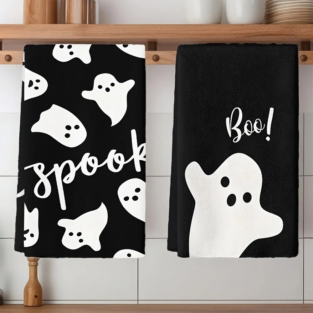 2pcs Spooky Halloween Kitchen Towels-Black And White Ghost Design, Absorbent Polyester Decorative Tea Towels, Kitchen Decor, Machine Washable, Halloween Kitchen Decor，Fun Kitchen Supplies，Tea Towels, Halloween Decorations