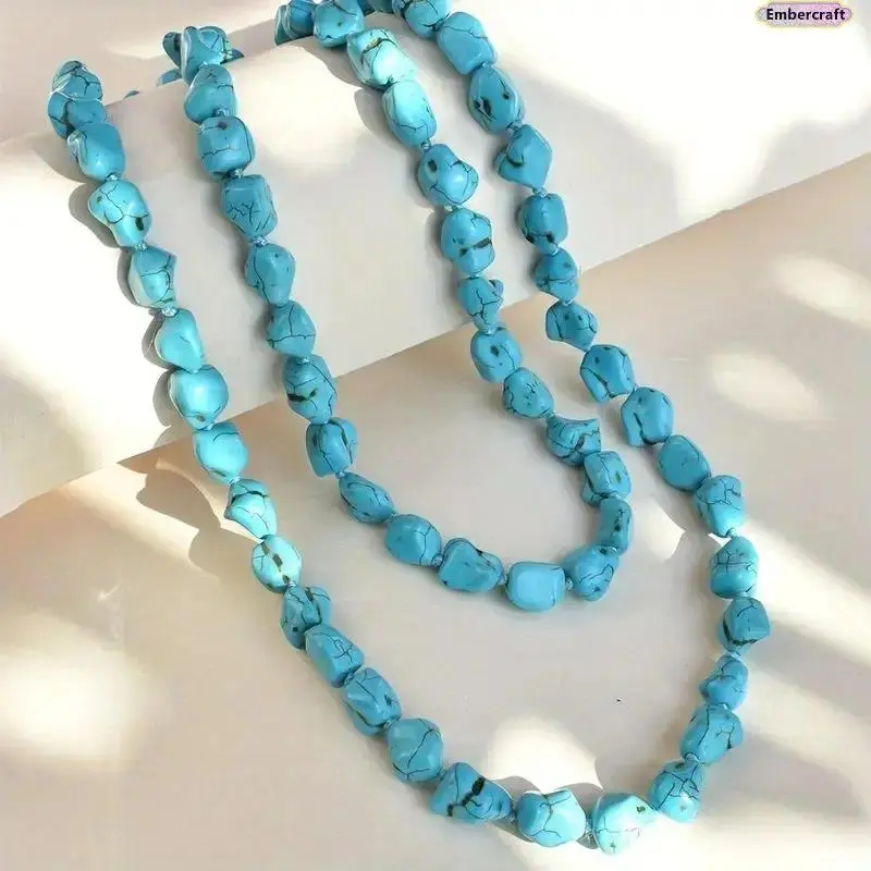 Women's Boho Turquoise Knotted Long Statement Necklace - Western Cowgirl Coastal Festival Wear Jewelry for Sports & Outdoor Sun Protective Use, Vacation Accessory