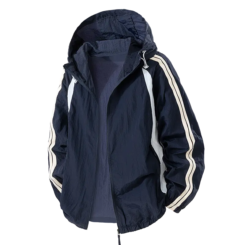 Men's Hooded Zip-Up Lightweight Windbreaker Jacket - Colorblock Side Stripes, Detachable Drawstring Hood, Elastic Cuffs & Hem, Loose Fit, Wrinkle-Resistant Quick-Dry Fabric, Machine Washable Sports Outerwear for Daily Sports Travel