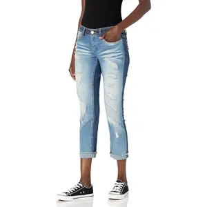 Women's Size Plus Denim Cuffed Jeans with Heavy Destruction