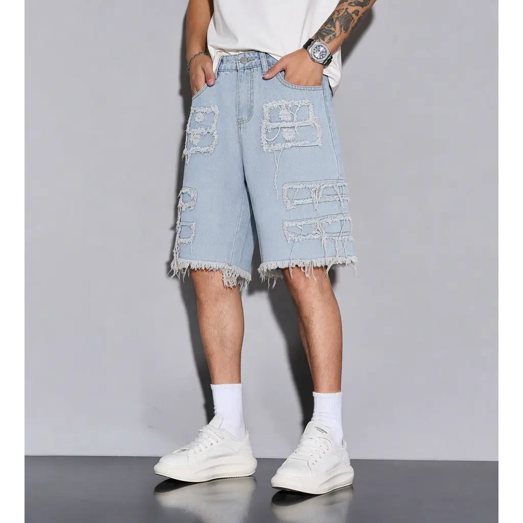 Men's Light Wash Distressed Denim Short Casual Summer Streetwear Loose Fit Comfortable Breathable Fabric Fashion Clothing Trendy Raw Hem Style Relaxed Everyday Wear Skater Hip Hop Outfit