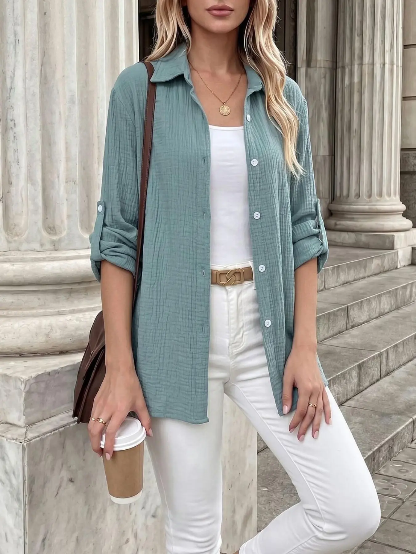 Women's Pleated Texture Turn-Down Collar Blouse, Roll-Up Long Sleeve Top, Casual Loose Fit Shirt, Fashionable and Versatile
