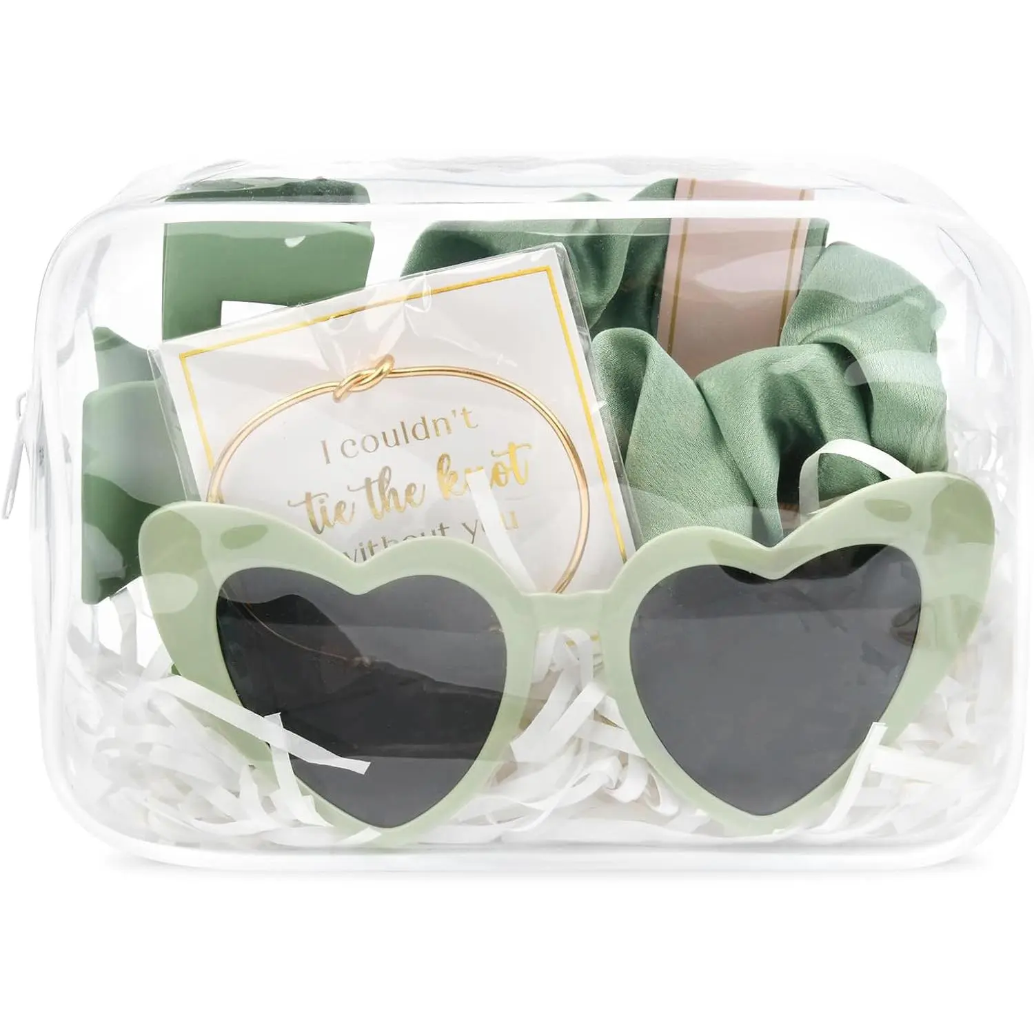 5 count Bridesmaid Proposal Bag Set  Clear Makeup Toiletry Bag Bachelorette Party Favors Sunglasses Hair Claw Clips Scrunchies Knot Bracelets Bridal Wedding Party Gifts (Sage Green)