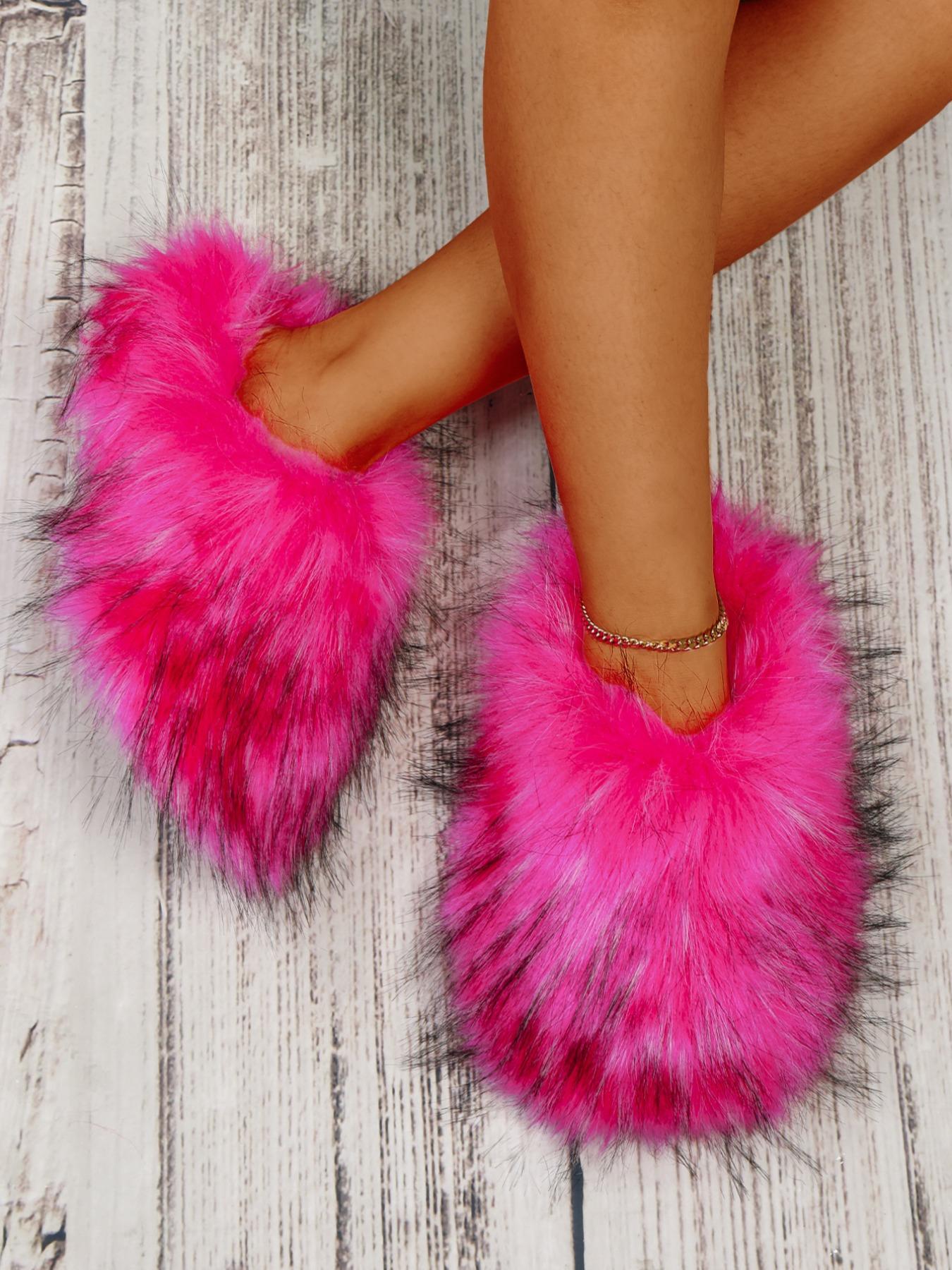 Women's Fashionable Minimalist Fluffy Slide Slippers, Soft Plush Faux Slippers, Fuzzy Warm Slippers, Warm & Cozy Bedroom Slippers for Fall & Winter, Fluffy Home Slippers