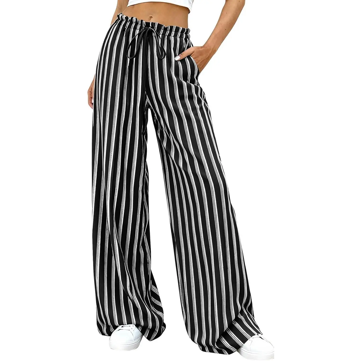 Women's Wide Leg Palazzo Pants Dressy Casual Striped Baggy Trousers High Waisted Lounge Slacks with Pockets