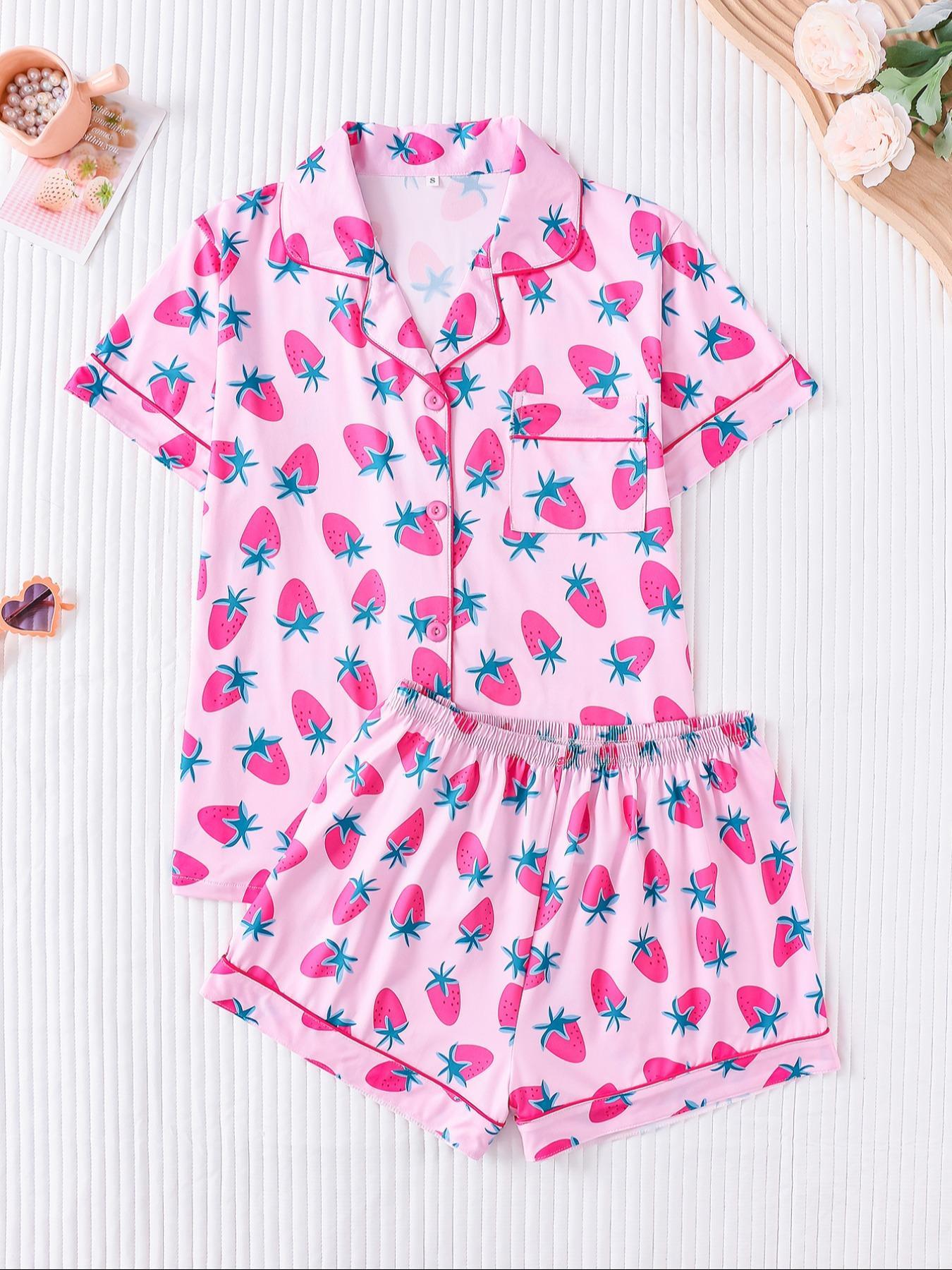 Two-piece Set Women's Cherry Print Top & Shorts Pyjama, Casual Comfy Short Sleeve Collared Top & Shorts Set, Ladies Sleepwear for Summer Pajama Set