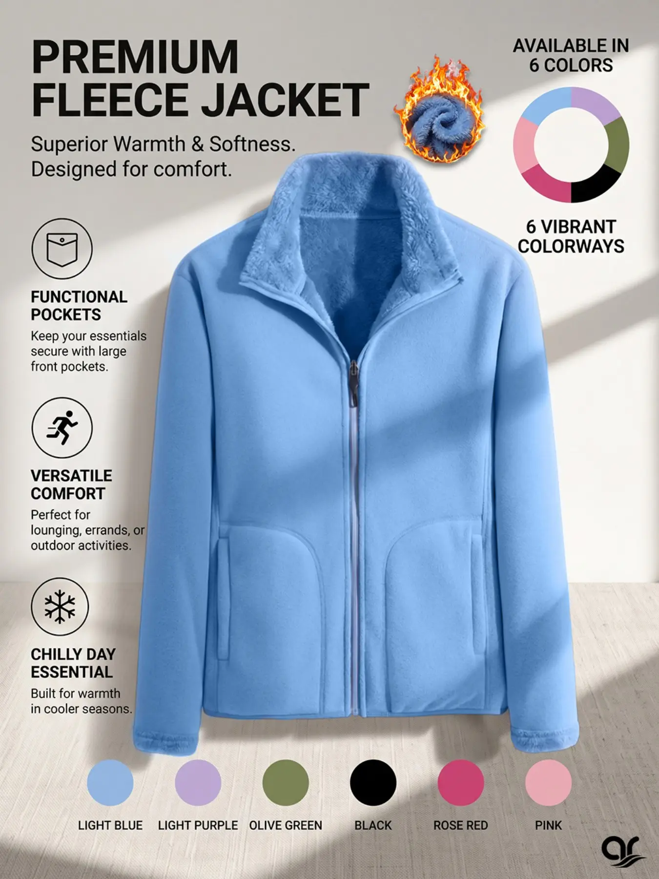 AR Women’s Reversible Fleece Jacket, Full Zip Warm Polar Fleece Coat with Convertible Stand Collar & Large Pockets, Cozy Long Sleeve Fall Winter Outerwear for Walking, Hiking, Travel & Everyday Wear