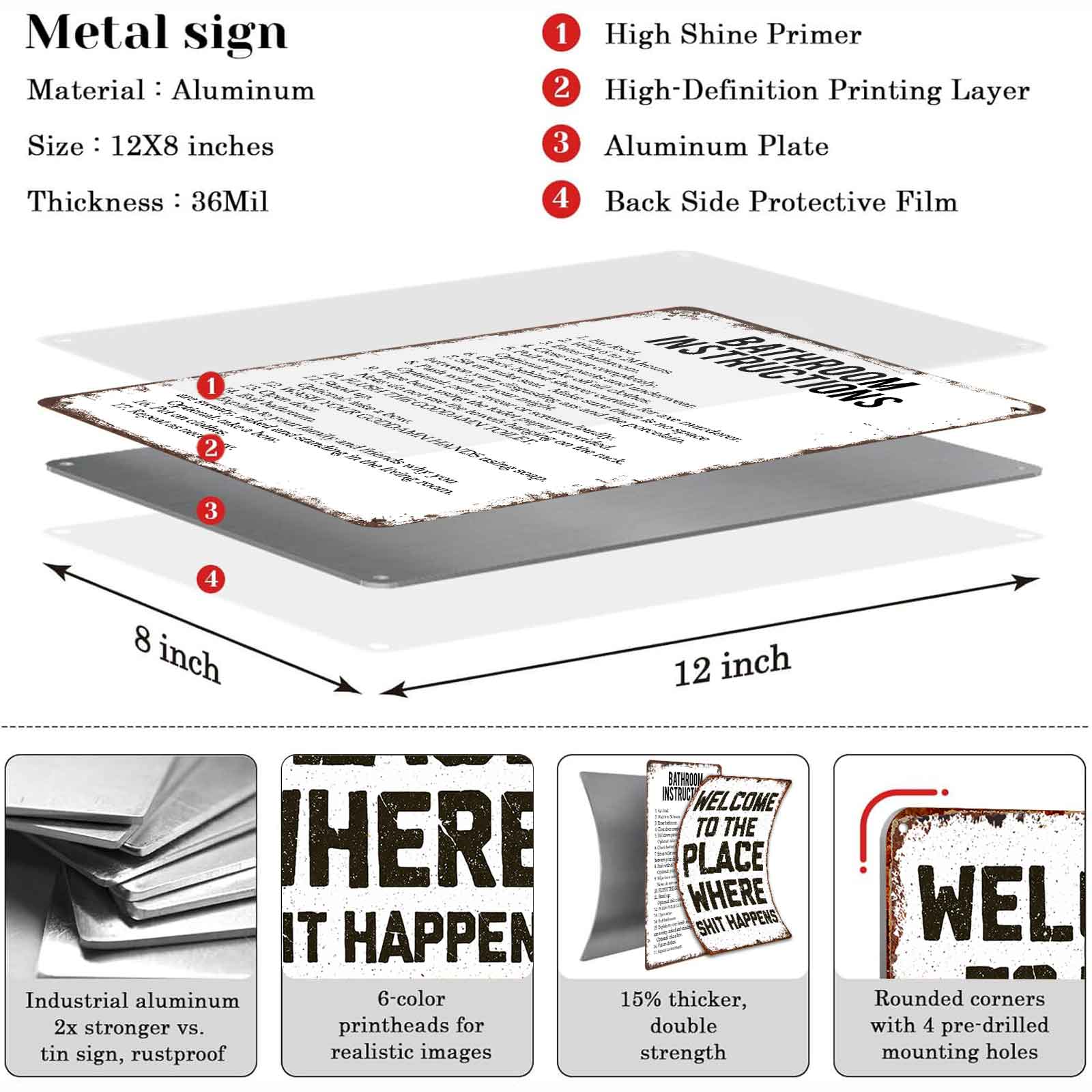 8x12 Inch Aluminum Metal Sign - Hilarious "Bathroom Instructions" Funny Toilet Wall Art |   Perfect for Home Bathroom, Guest Restroom, Man Cave, Bar, Dorm, and Apartment Decor |   Retro Rustic Tin Plaque, Easy to Hang, Great Gag Gift for Housewarming & Wh