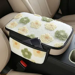 Universal Flower Print Car Armrest Pad, Thick Plush Warm Fleece Console Cushion Built-In Side Storage Bag, Soft Comfort Auto Interior Protector For Cold Winter Daily Driving
