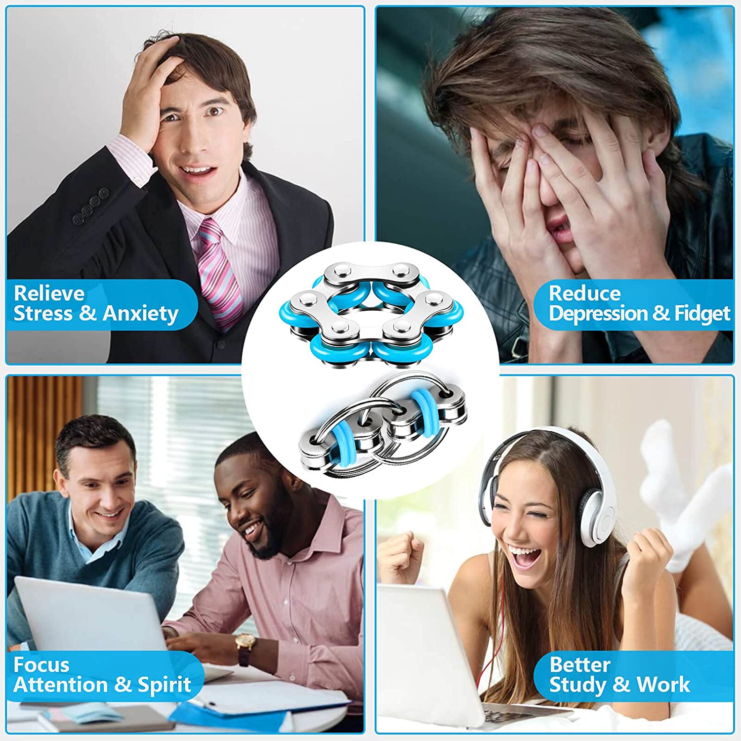 Bike Chain Fidget Toys Set - Six Roller Chain & Key Flippy Chain Novelty Stress Relief Toys for Pressure Relief Autism ADHD  ADD easter toy