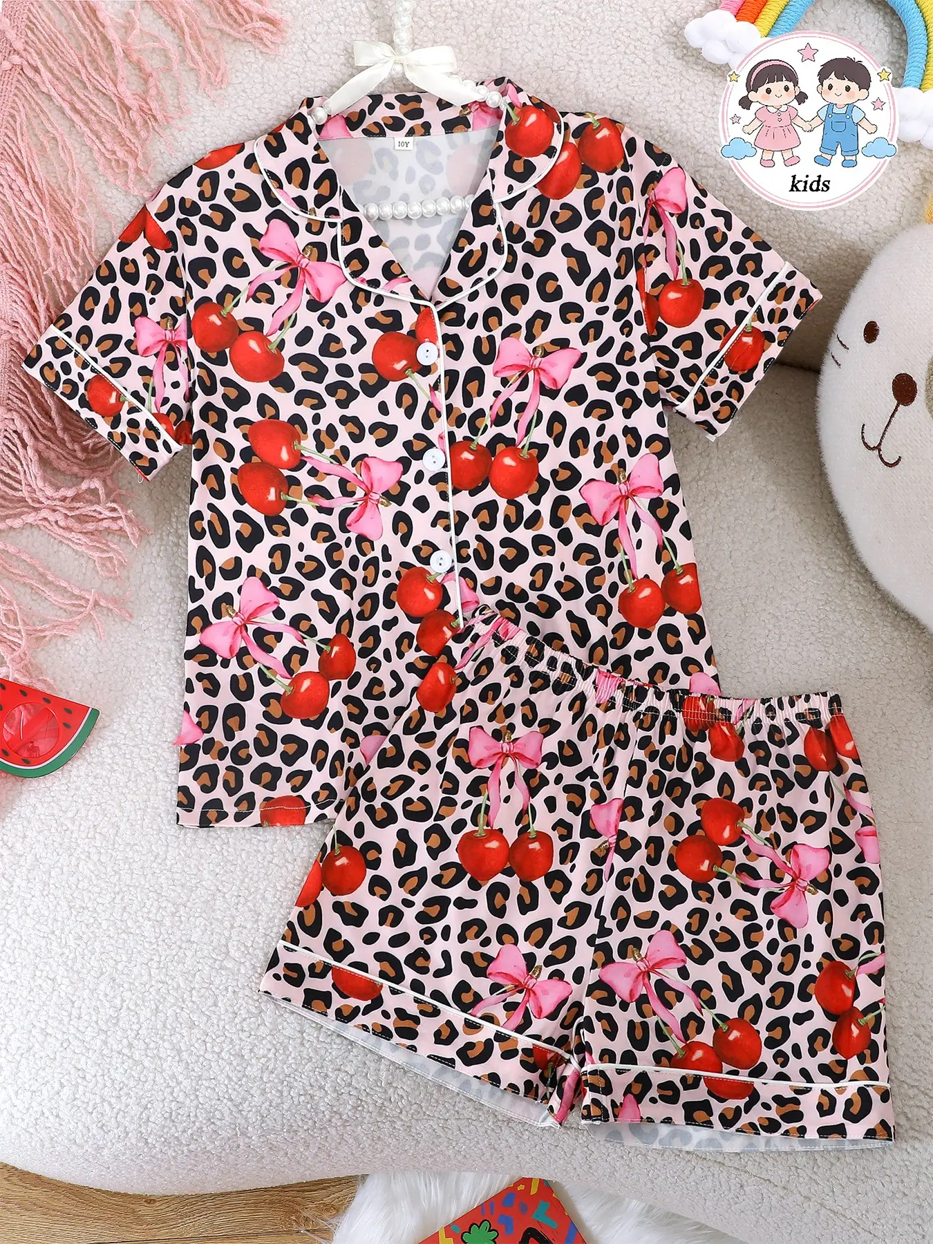 2-Piece Summer Kids Collared Pajama Set, Button Front Cardigan & Elastic Shorts, Soft Fabric, Leopard Print, Casual Home Wear, All Seasons, Sleepwear Pajama