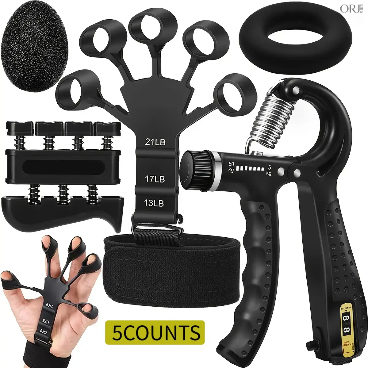 Hand & Finger Strengthener Package (5-Count) - Silicon Adjustable 13 lbs Forearm Gripper, 3-Level Finger Stretcher, Ergonomic Squeeze Stress Ball for Athletes, Tennis Elbow, Stroke Recovery