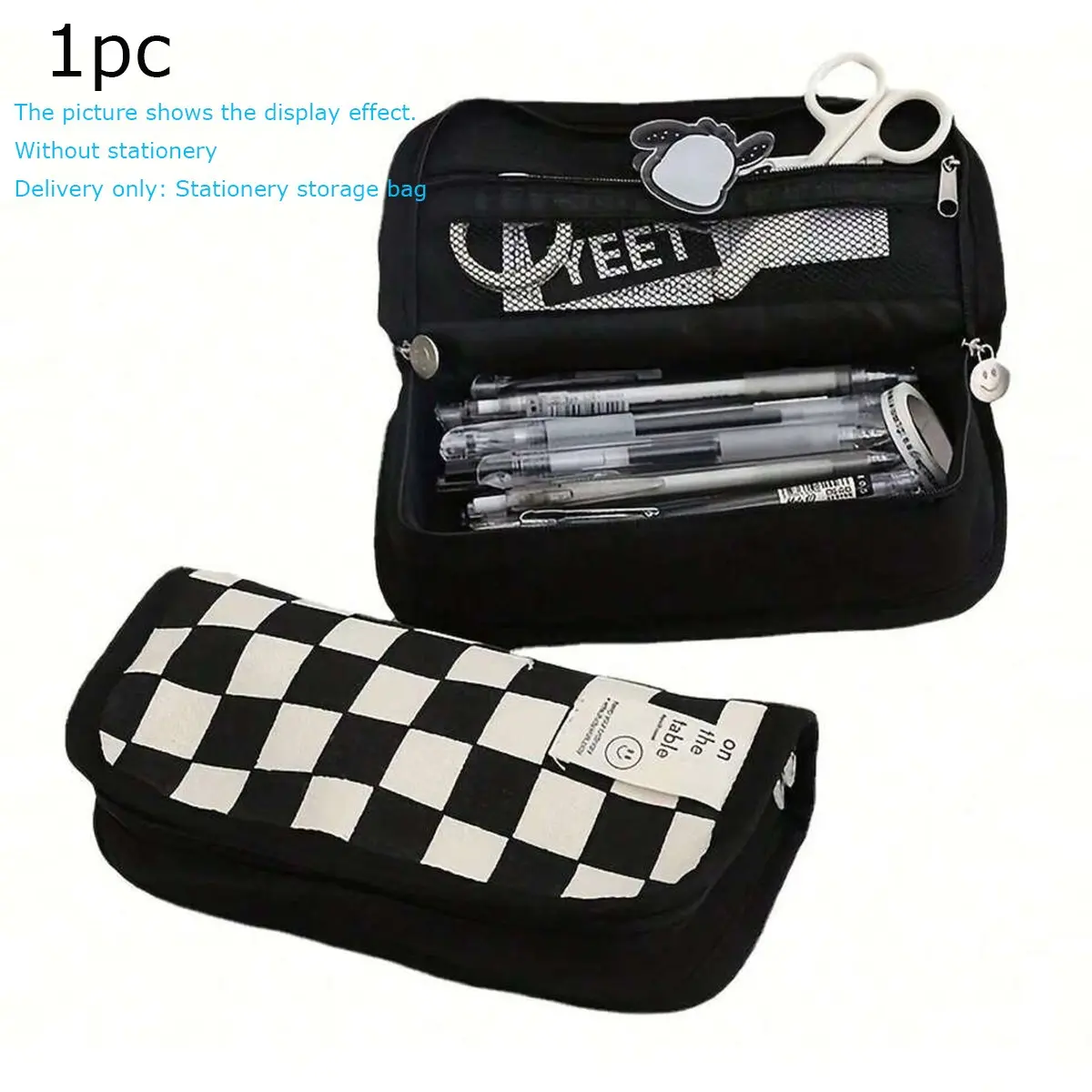 Large Capacity Pen Case, Multifunctional Checkerboard Lattice Bag, Student Stationery Supplies, Canvas Makeup Storage Pouch, Desk Supplies, Office Desk Accessories
