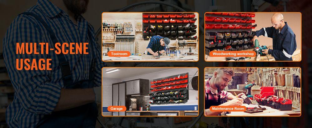 Wall Mounted Storage Bins, 48-Bin Parts Rack Organizer Garage Plastic Shop Tool with Wall Panels, Tool Organizer for Nuts, Bolts, Screws, Nails, Beads, Buttons, Other Small Parts, Black and Red