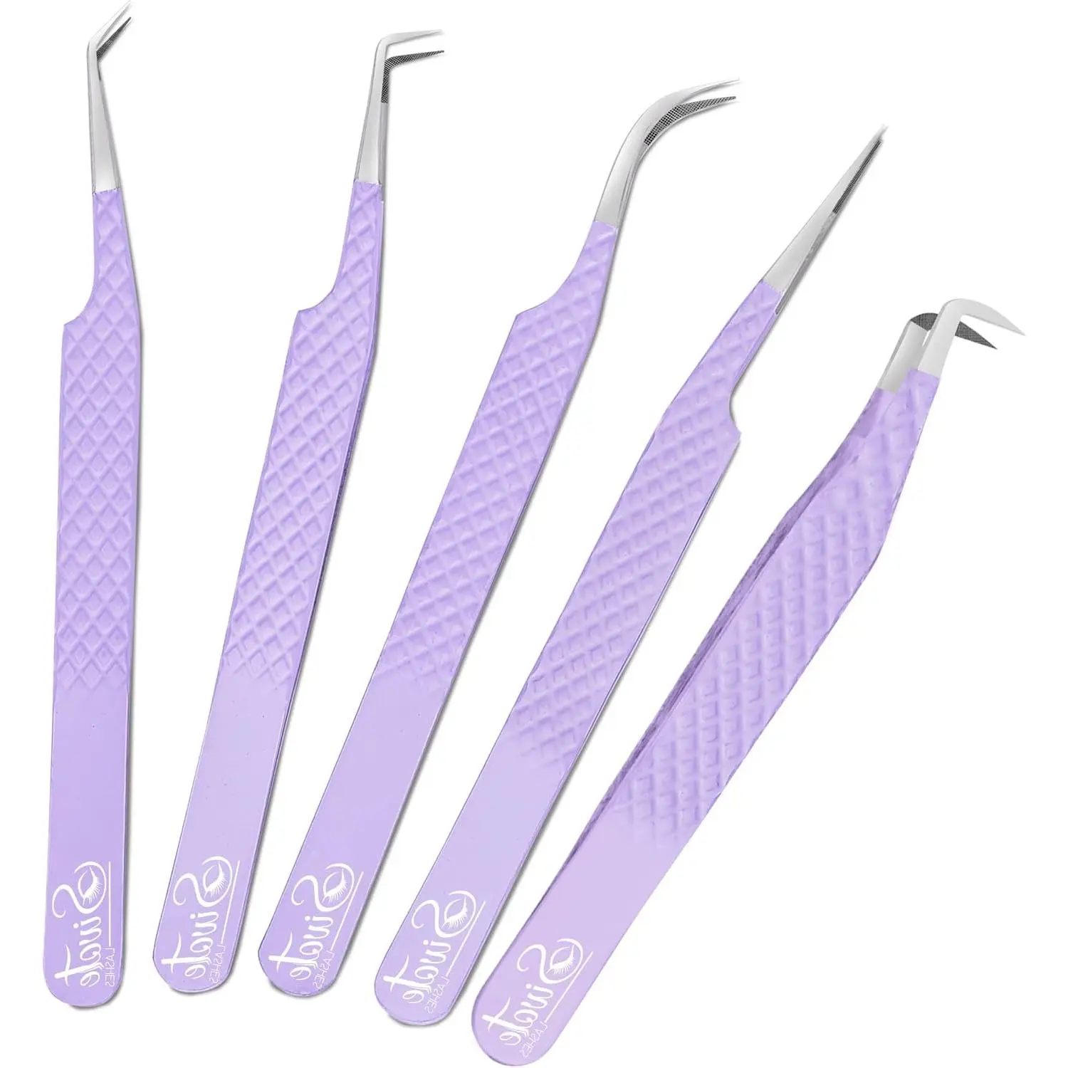 Lash Tweezers for Eyelash Extensions, Pack of 5, Purple, Diamond Grip | Precision fiber tips, ideal for volume & classic lash extensions. Purple diamond-grip handle for comfort and control.