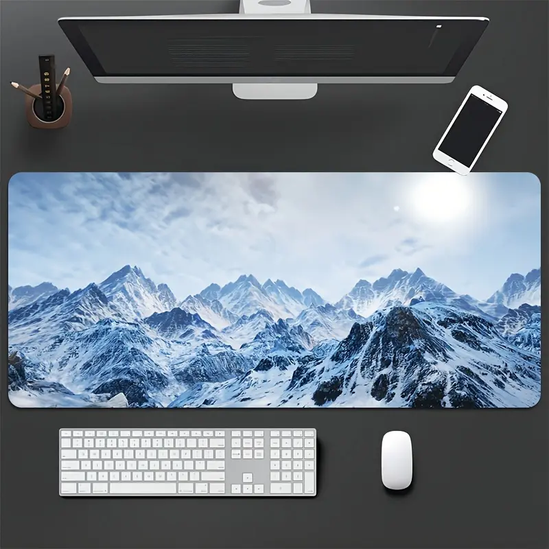 Gaming Mousepad, Snow Mountain Scenery Rectangular Desk Mat with Non-Slip Rubber Base for Office and E-Sports