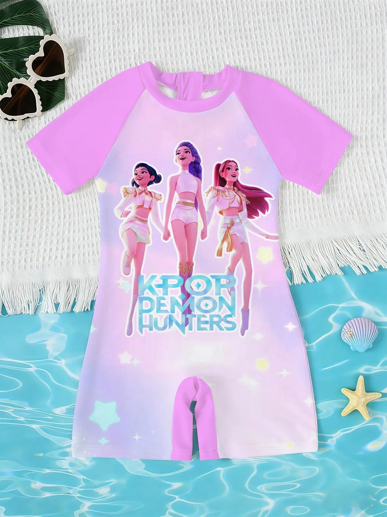 Girls' Style Sun Protection Romper, Dreamy Gradient 3D Design, Short Sleeve Surfing, Fitted Casual Swimwear, Bathing Suits