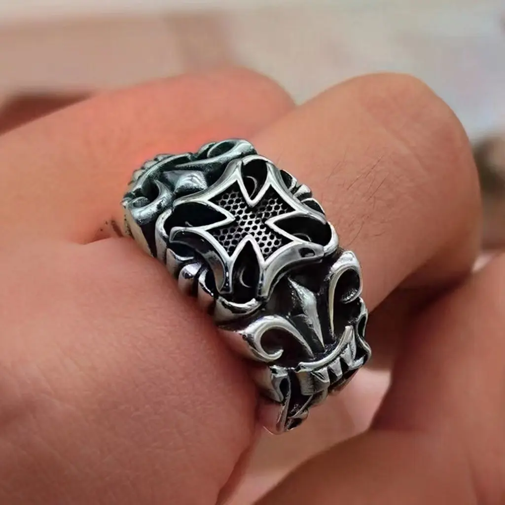 Vintage silver-plated cross anchor ring, unisex, unique hip-hop punk style distressed adjustable ring Pick one at random