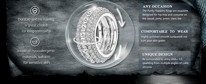 Sanfenly Iced Out Rings for Men Bling Fake Diamond Costume Pinky Rings Chunky Gold Silver 80s 90s Hip Hop Rings Star Cuban Chain Square US Dollar Sign Rapper Ring Fashion Cosplay Man Jewelry Ring Set