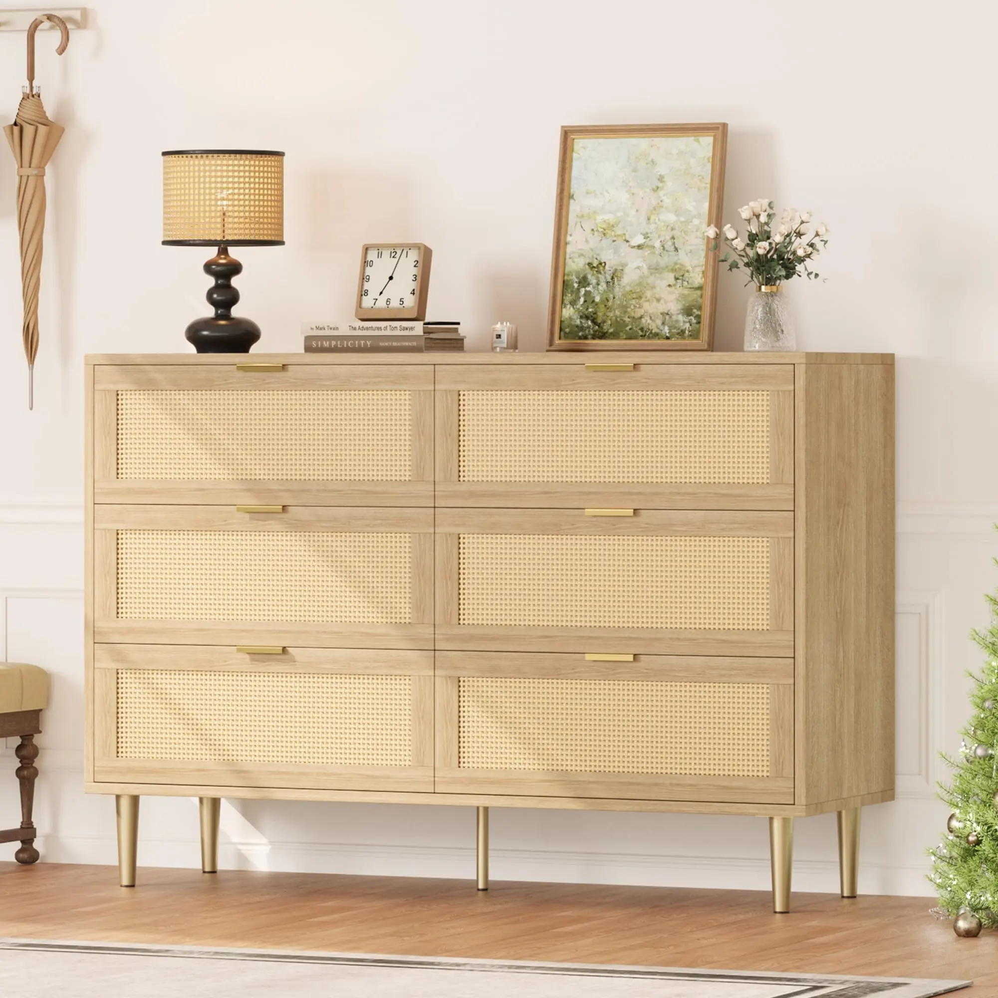 【GARVEE】Dressing Table – Large Rattan Dresser with 6 Drawers – Gold Legs & Handles, Large Tabletop with Anti-Tip Design – Modern Bohemian Style for Bedroom and Living Room