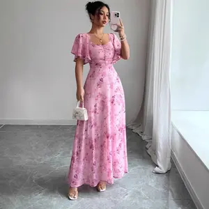 Women's Casual Chiffon Midi Dress - Ocean Style, Ruffle Sleeve, Printed, Figure-Flattering, Elegant, Short-Sleeve Option, Euro-American Summer New Fashion Clothes