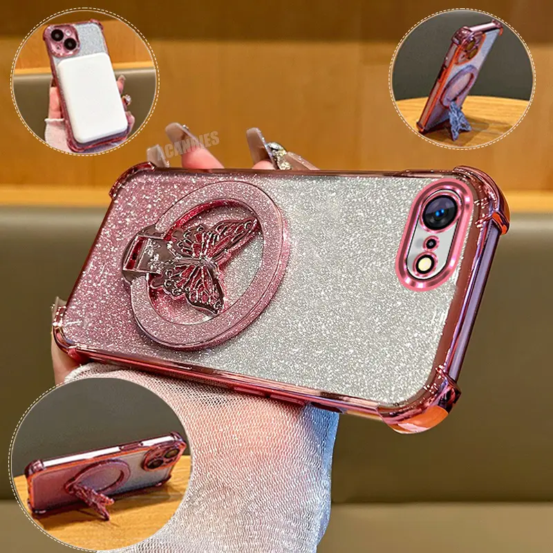 Trendy Glitter Ring Butterfly Folding Stand Holder with Plating Gradient Shockproof Phone Case For iPhone 17E 16E SE 2022 SE 2 020 8 7 Soft Shell for Woman Girl TPU Bracket Back Cover