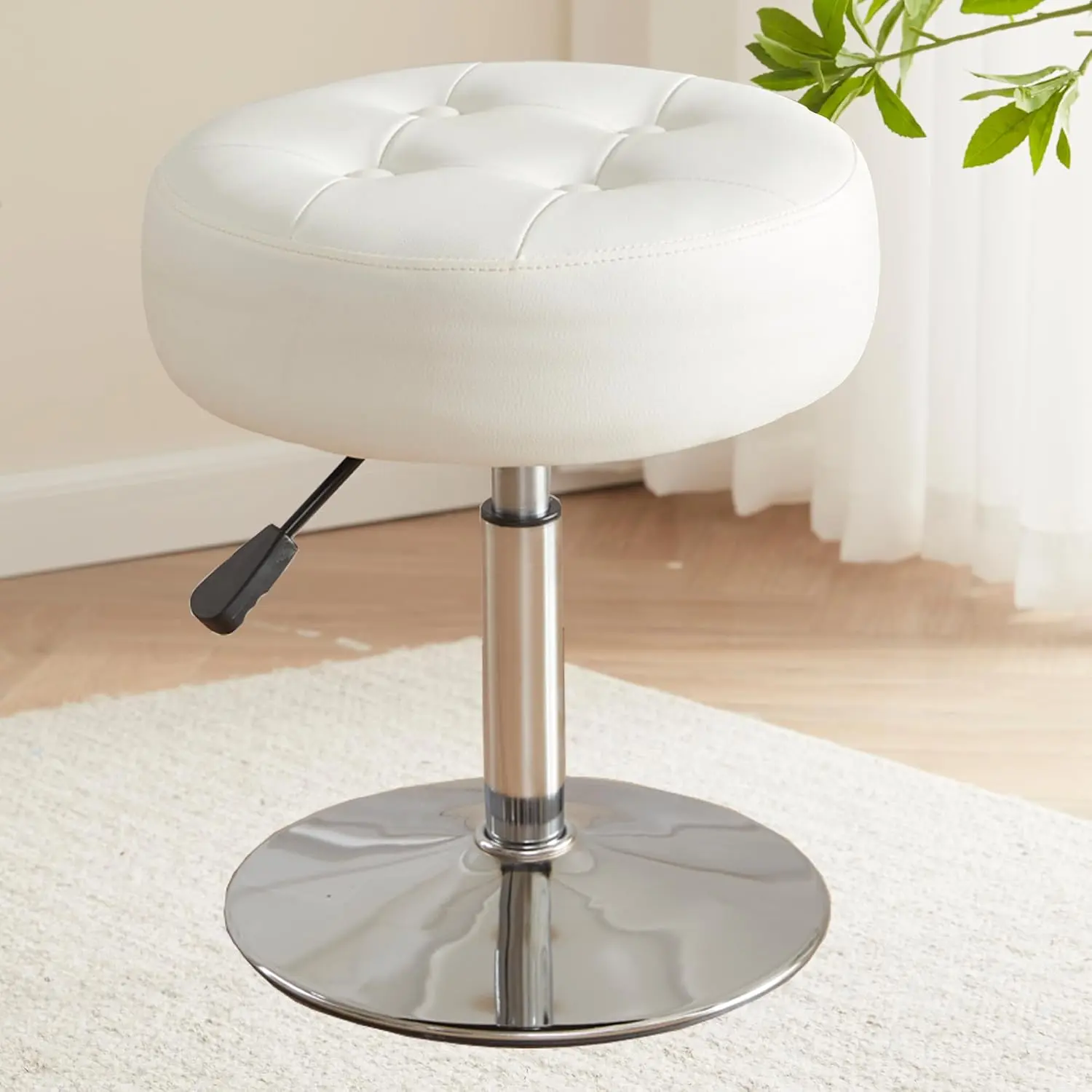 Vanity Stool Vanity Chair Backless 360 Swivel Adjustable Faux Leather White | Round Tufted Ottoman Stool Available in White/Black Faux Fur & Grey/Blue/Pink/Teal Velvet for Vanity Makeup Bedroom Bathroom