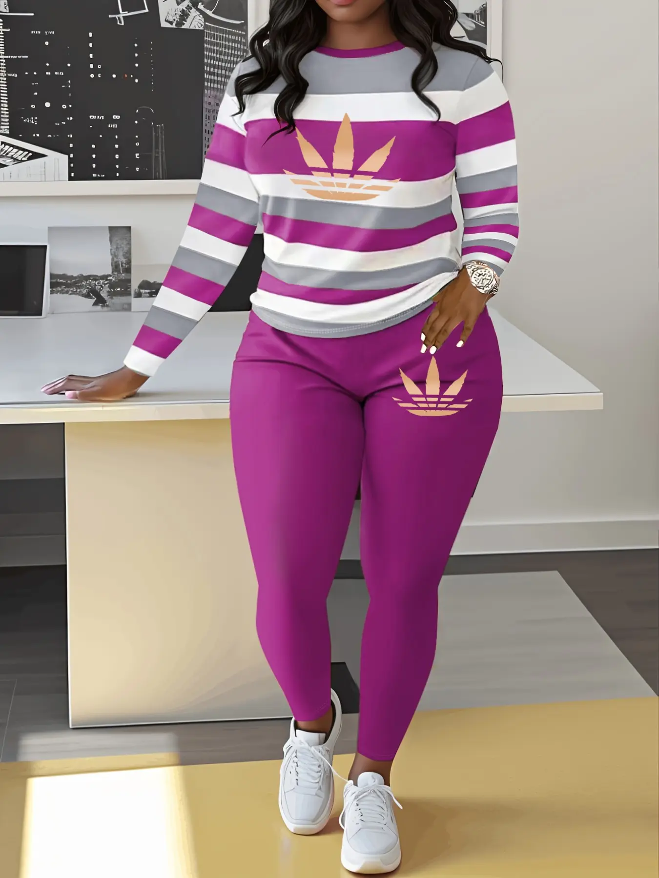 Five Leaf Clover Striped Print Two-Piece Set, Snatched Pant Set, Spring & Fall Casual Style, Long Sleeve Top and Pants, Natural Waist Fitted Suit