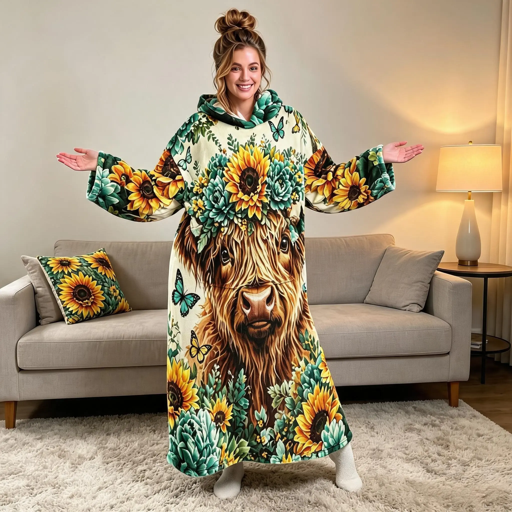Flannel Loose Fit Home Robe, Sunflower Blue Floral Butterfly Print, Soft Fuzzy Long Sleeve with Pockets, Ideal for Reading and Relaxing