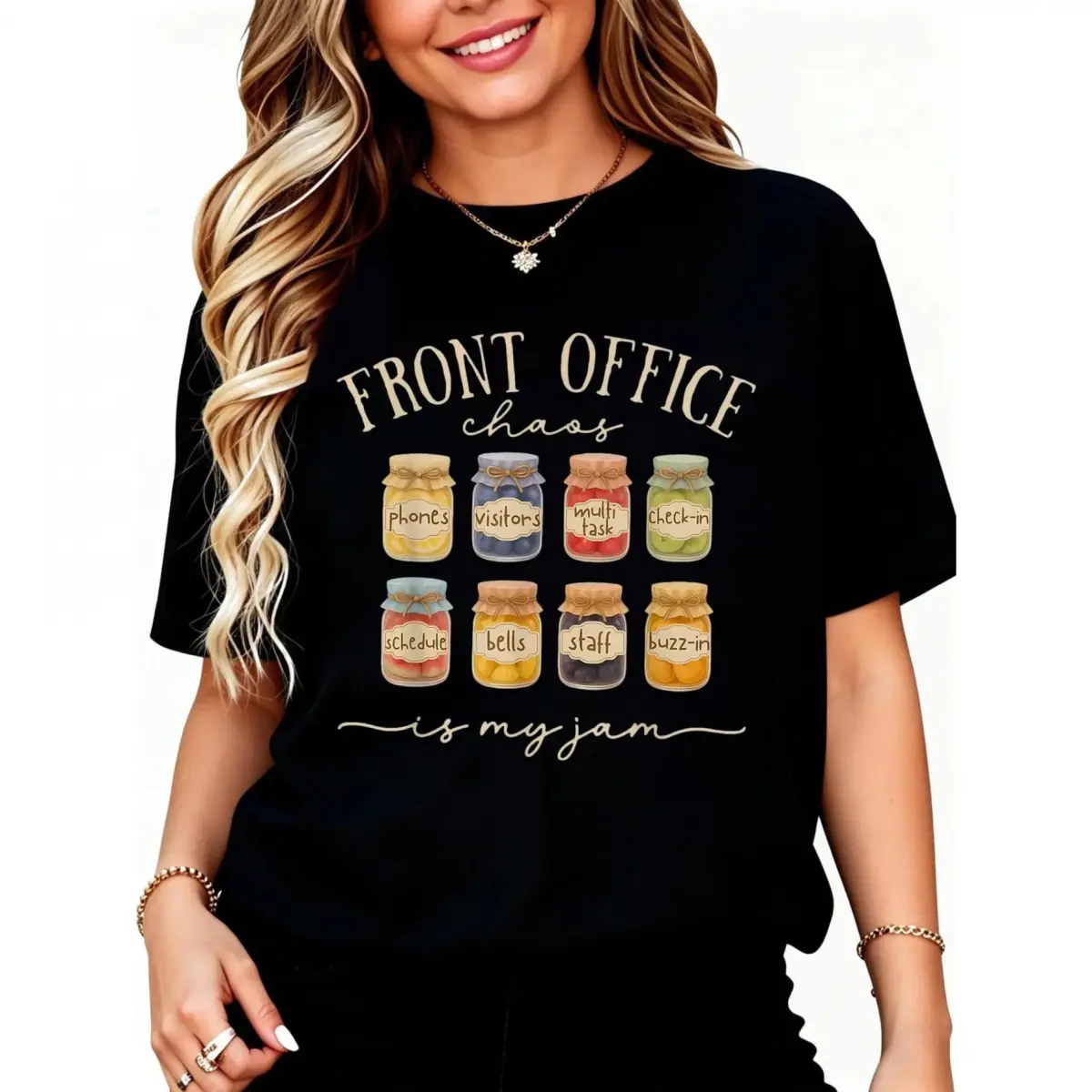 Unisex Soft Cotton Print Round Neck Tee - "Front Office Chaos is My Jam" Graphic, Casual Comfortable Sports Top for School Secretary Administration Style