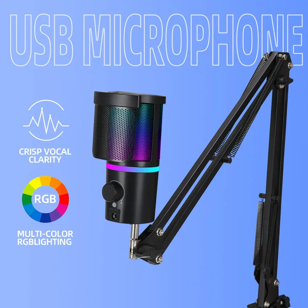 USB PC Gaming Microphone Wired with RGB Lights, Volume Control, Mute Button, Headset Monitoring, Compatible with Windows, Ps4/ps5