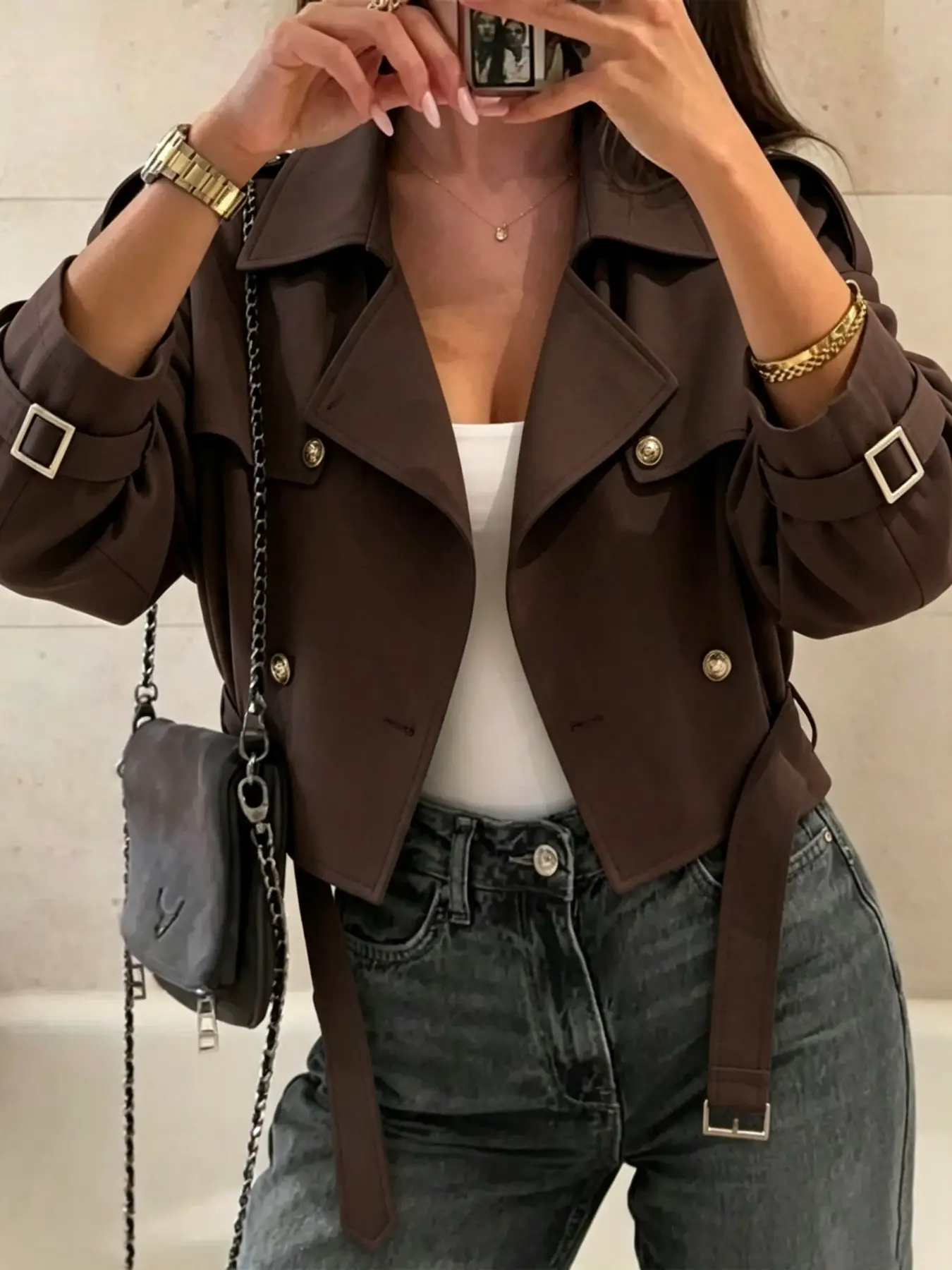 Short Windbreaker Jacket Women, Classic Notched Lapel Design, Loose Long Sleeve, High Waist Style, Early Autumn Casual Retro Outerwear