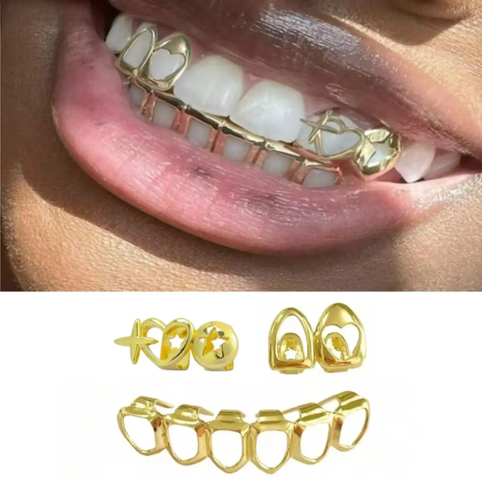Y2K Hip Hop Gold Teeth Grillz Set Hollow Open Face Star Heart Cross Tooth Cap Removable Vampire Fangs Grillz Rapper Cosplay Party Jewelry for Men Women